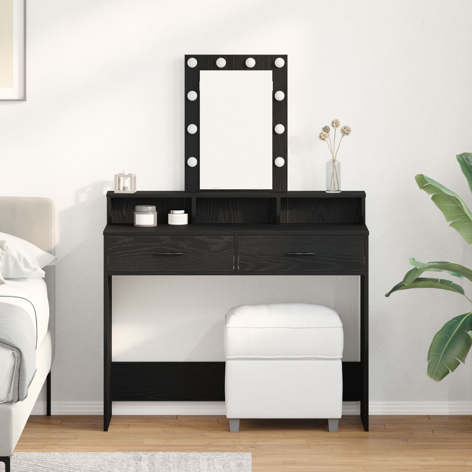 vidaXL Schminktisch mit LED-Lichtern, Schwarz und Eiche, 100x41x140 cm