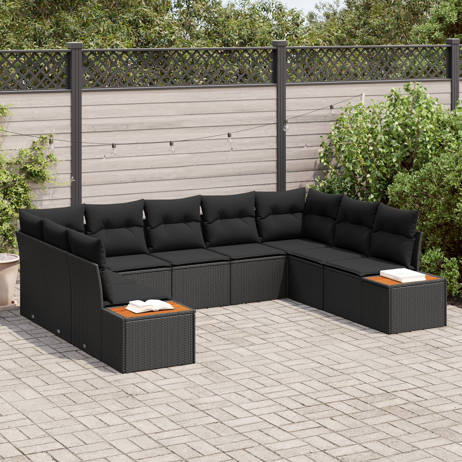 9-teiliges Garten-Sofa-Set mit Kissen Schwarz Poly-Rattan Akazie 9-teiliges Garten-Sofa-Set mit Kissen Schwarz Poly-Rattan Akazie
