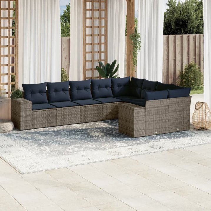 9-teiliges Gartensofa-Set mit Kissen, grau, Polyrattan 9-teiliges Gartensofa-Set mit Kissen, grau, Polyrattan
