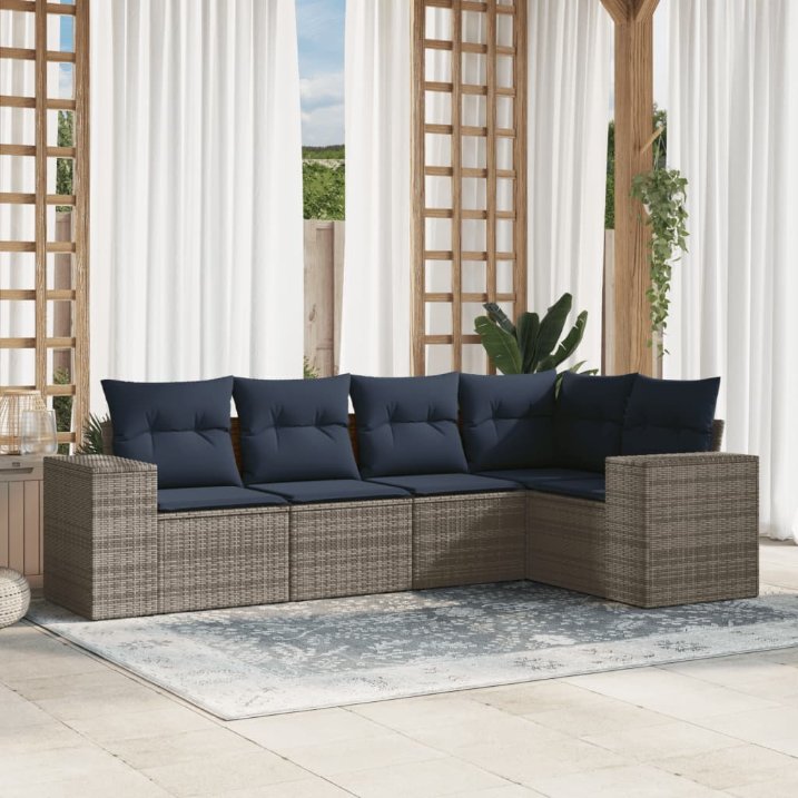 5-teiliges Gartensofa-Set mit Kissen, grau, Polyrattan 5-teiliges Gartensofa-Set mit Kissen, grau, Polyrattan