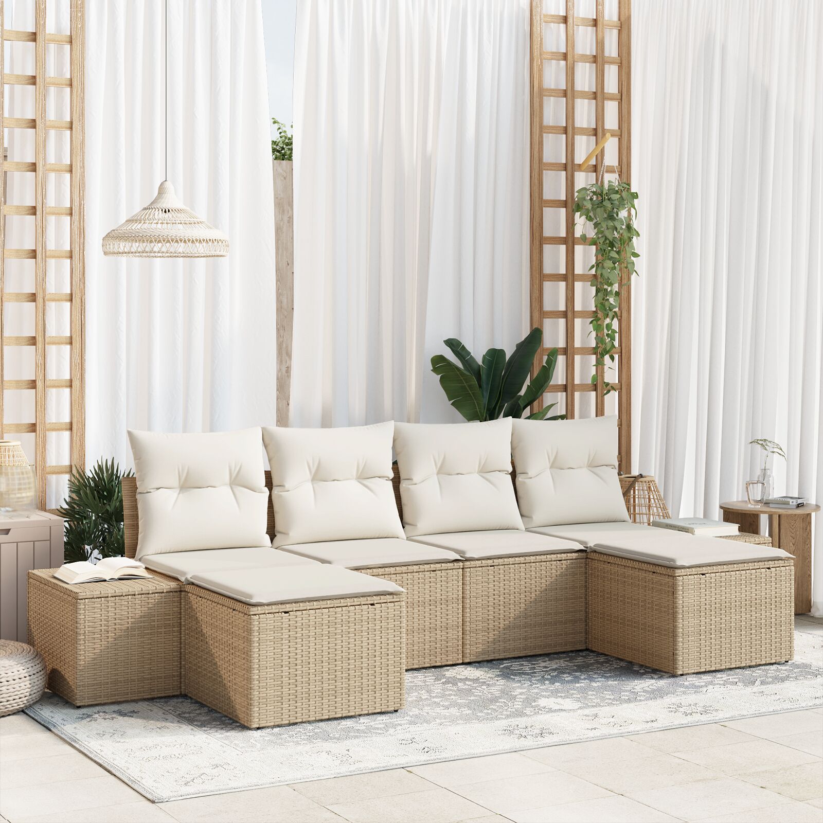 6-teiliges Garten Sofa Set mit Kissen Beige Poly Rattan
