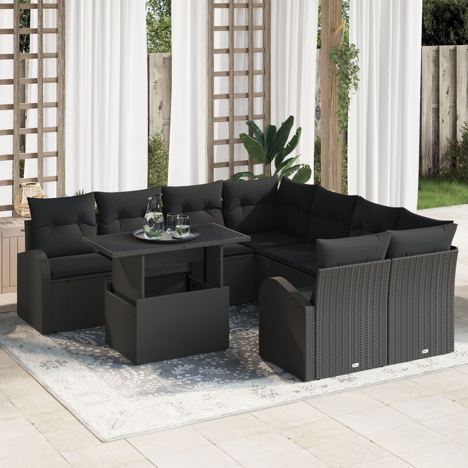 9-teilige Garten Sofa Set mit Kissen Schwarz Poly Rattan