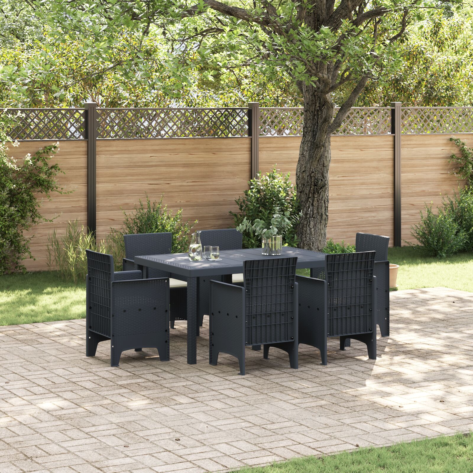 7-teiliges Garten Esstisch Set mit Kissen Anthrazit Poly-Rattan