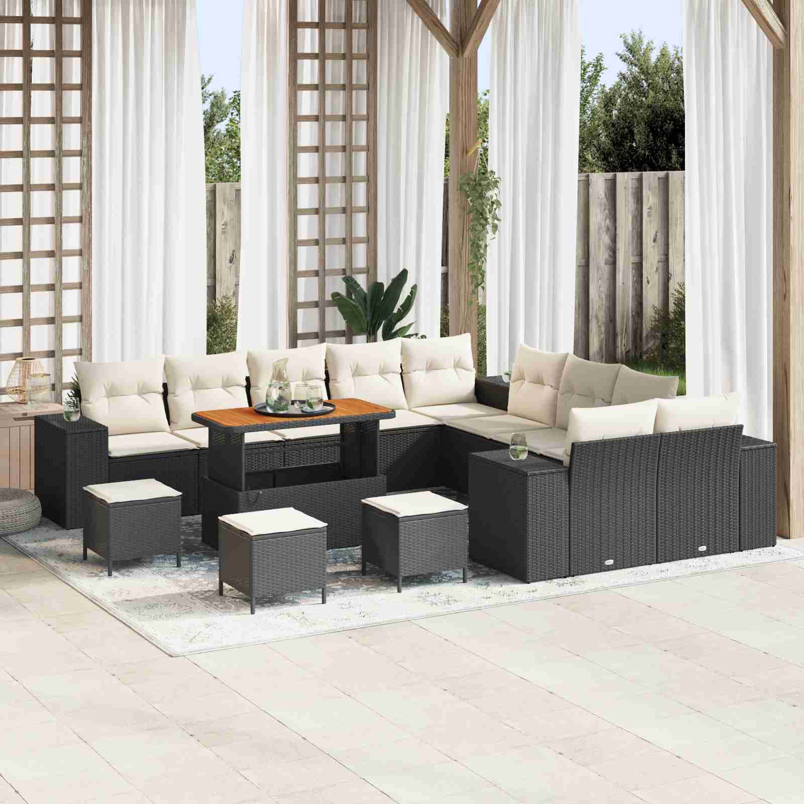 14-teiliges Garten Sofa Set mit Kissen Schwarz Poly Rattan Akazie