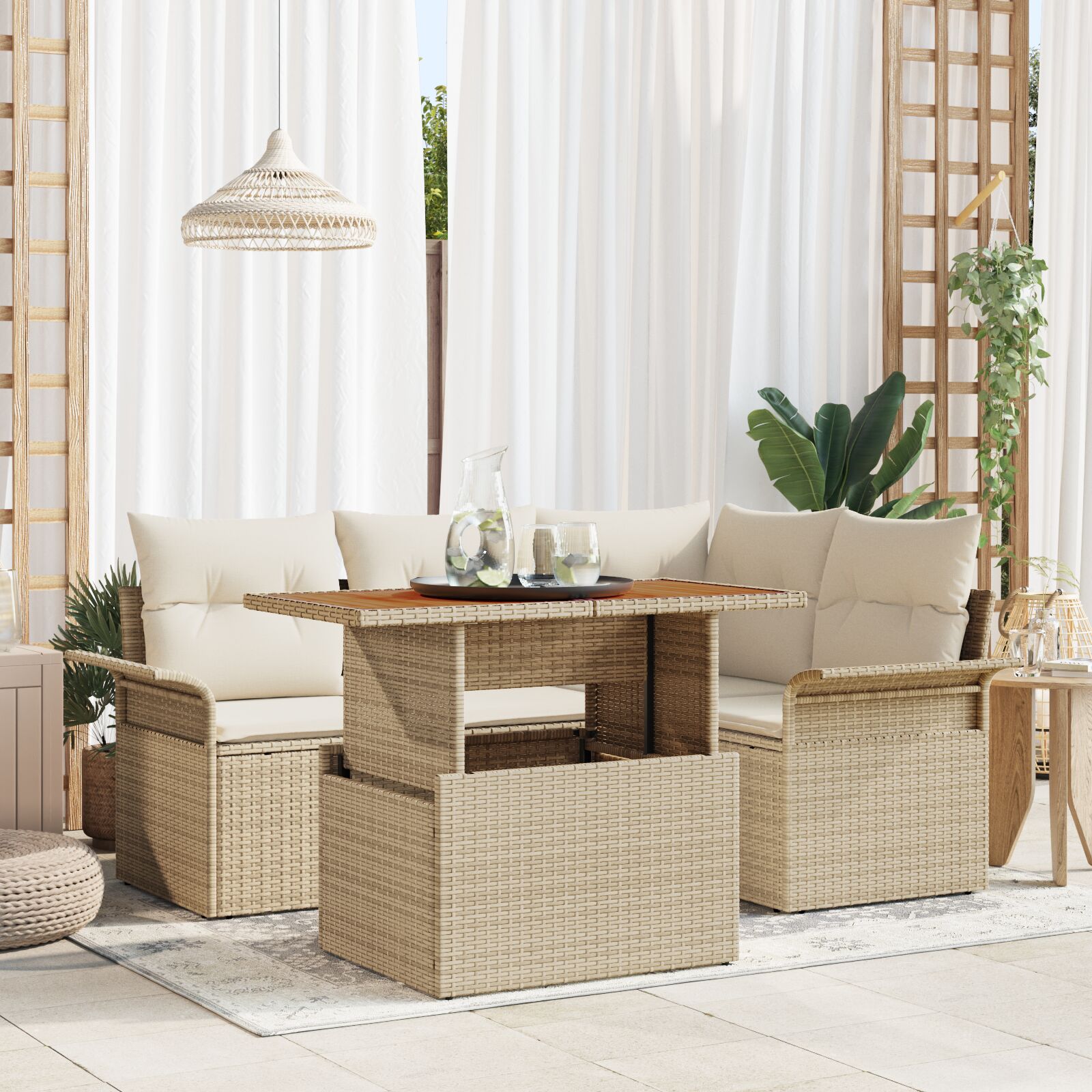 5-teilige Garten-Essgruppe mit Kissen Beige Poly Rattan Akazie 5-teilige Garten-Essgruppe mit Kissen Beige Poly Rattan Akazie