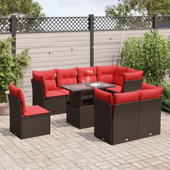 9-teiliges Gartensofa-Set mit Kissen, braun, Polyrattan 9-teiliges Gartensofa-Set mit Kissen, braun, Polyrattan