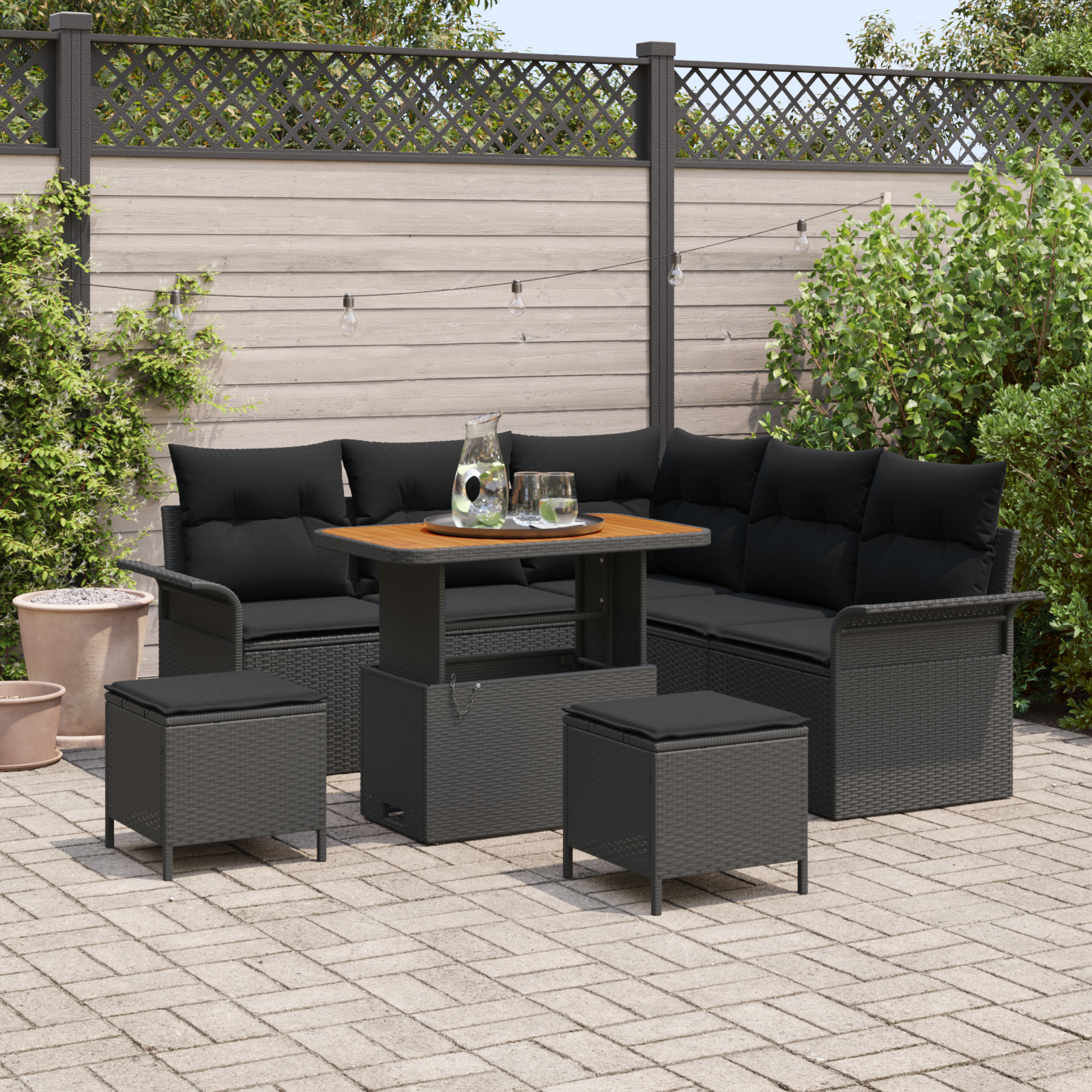 8-teiliges Garten Sofa Set mit Kissen, Schwarz Poly Rattan Akazie