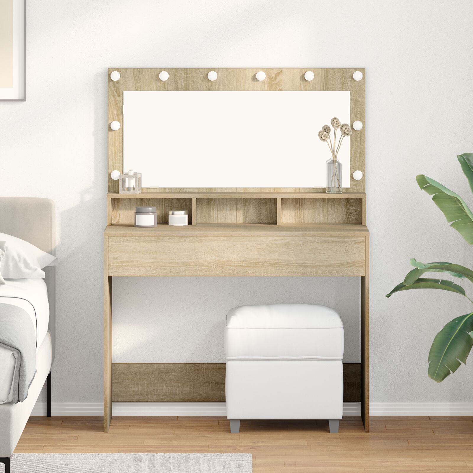 vidaXL Schminktisch mit LED-Lichtern in Sonoma Eiche, 100x41x135 cm