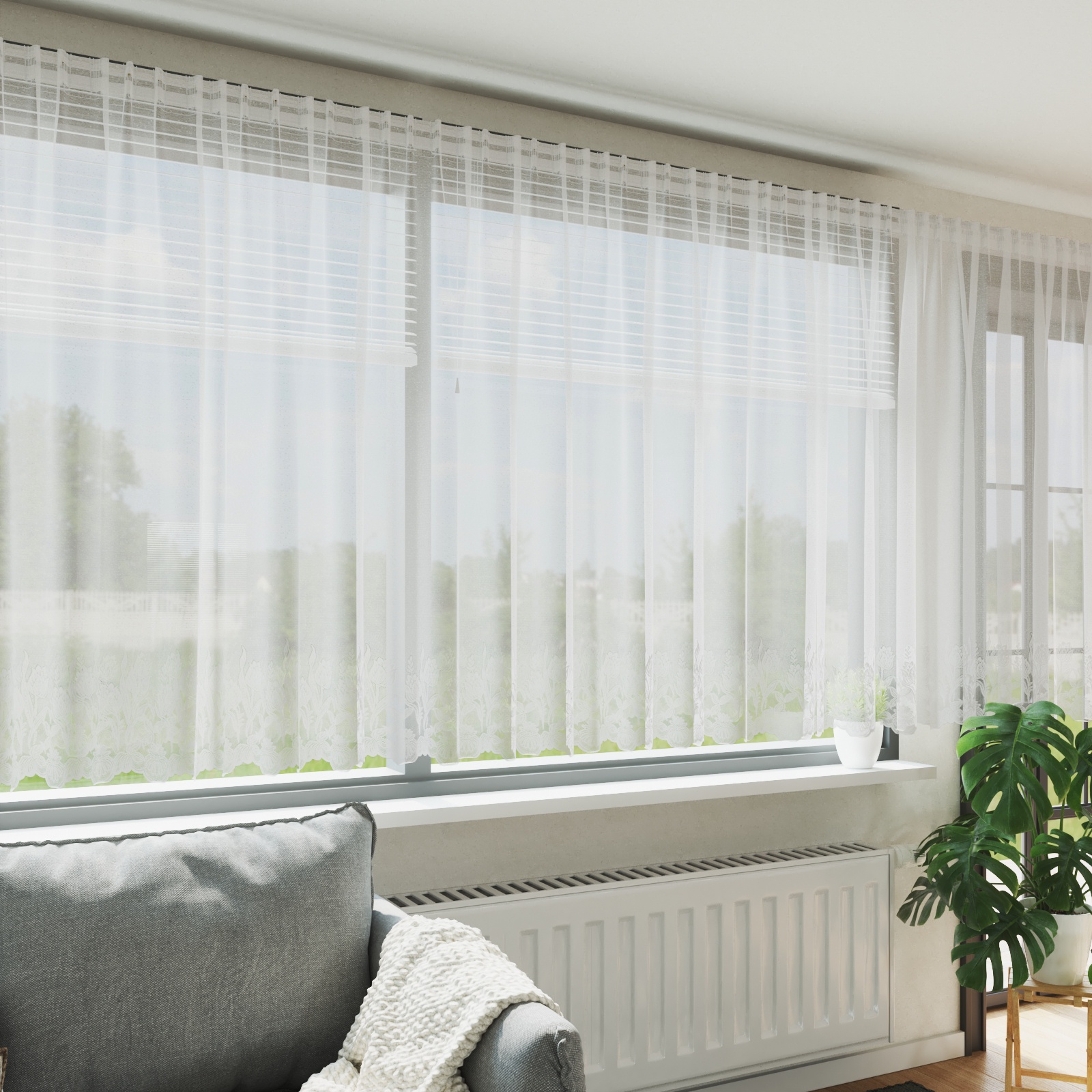 Spitzenvorhang mit Vorhängen Floral Weiß 400 x 140 cm Polyester
