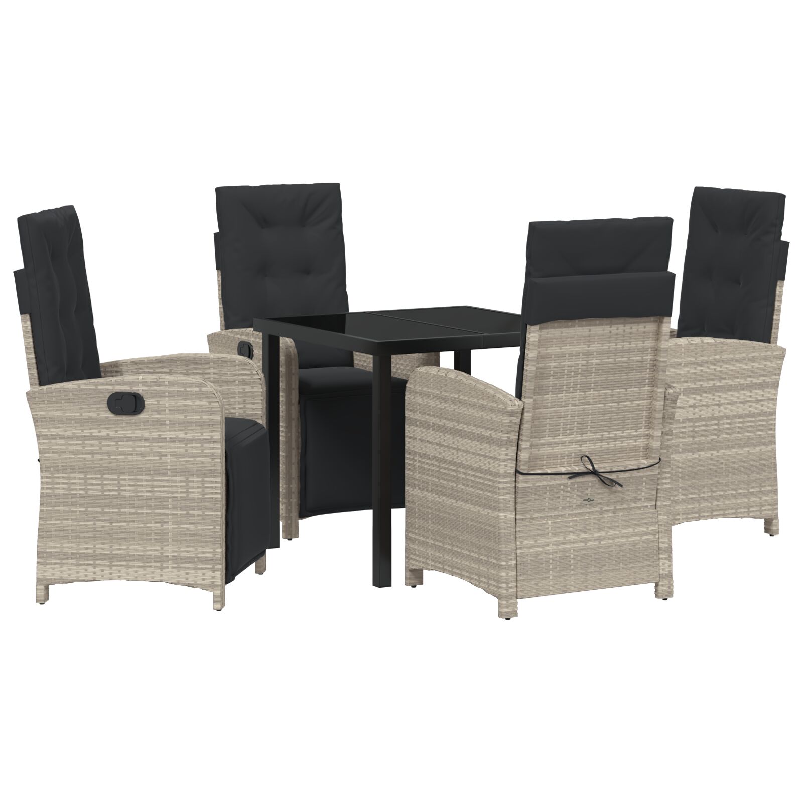 5-teiliges Gartendining-Set mit Kissen Hellgrau Poly Rattan, Gartentisch Schwarz 80x80x73 cm Sicherheitsglas