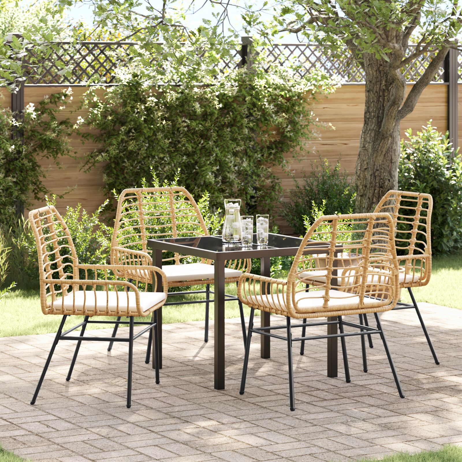 5-teiliges Garten-Ess-Set mit Kissen in Braun Poly-Rattan