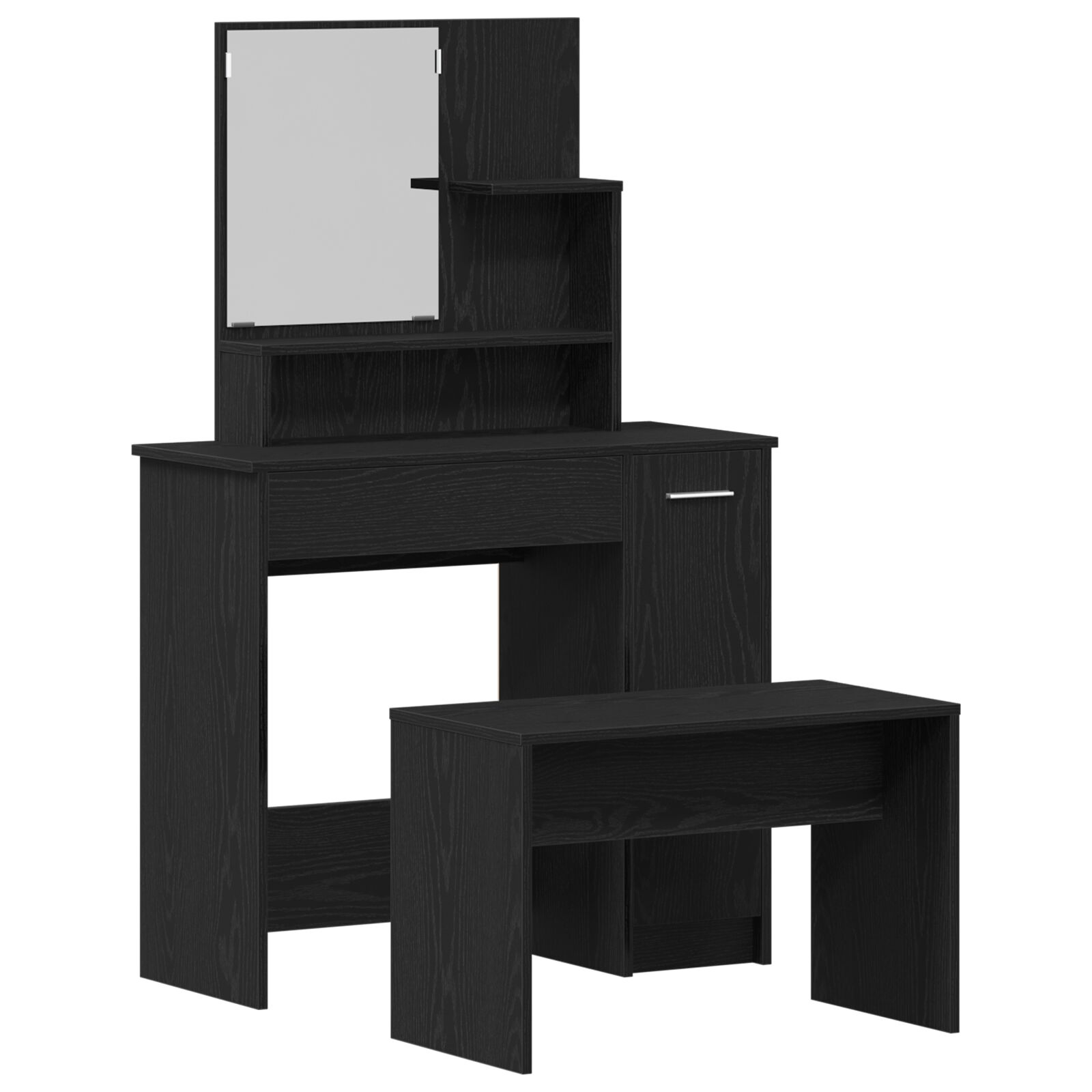 Frisierkommoden Set Schwarz Eiche Holzwerkstoff, Schwarze Eichen Frisierkommode mit Spiegel - 86,5 x 35 x 136 cm, Hocker Schwarz Eiche 70 x 35 x 45 cm Holzwerkstoff