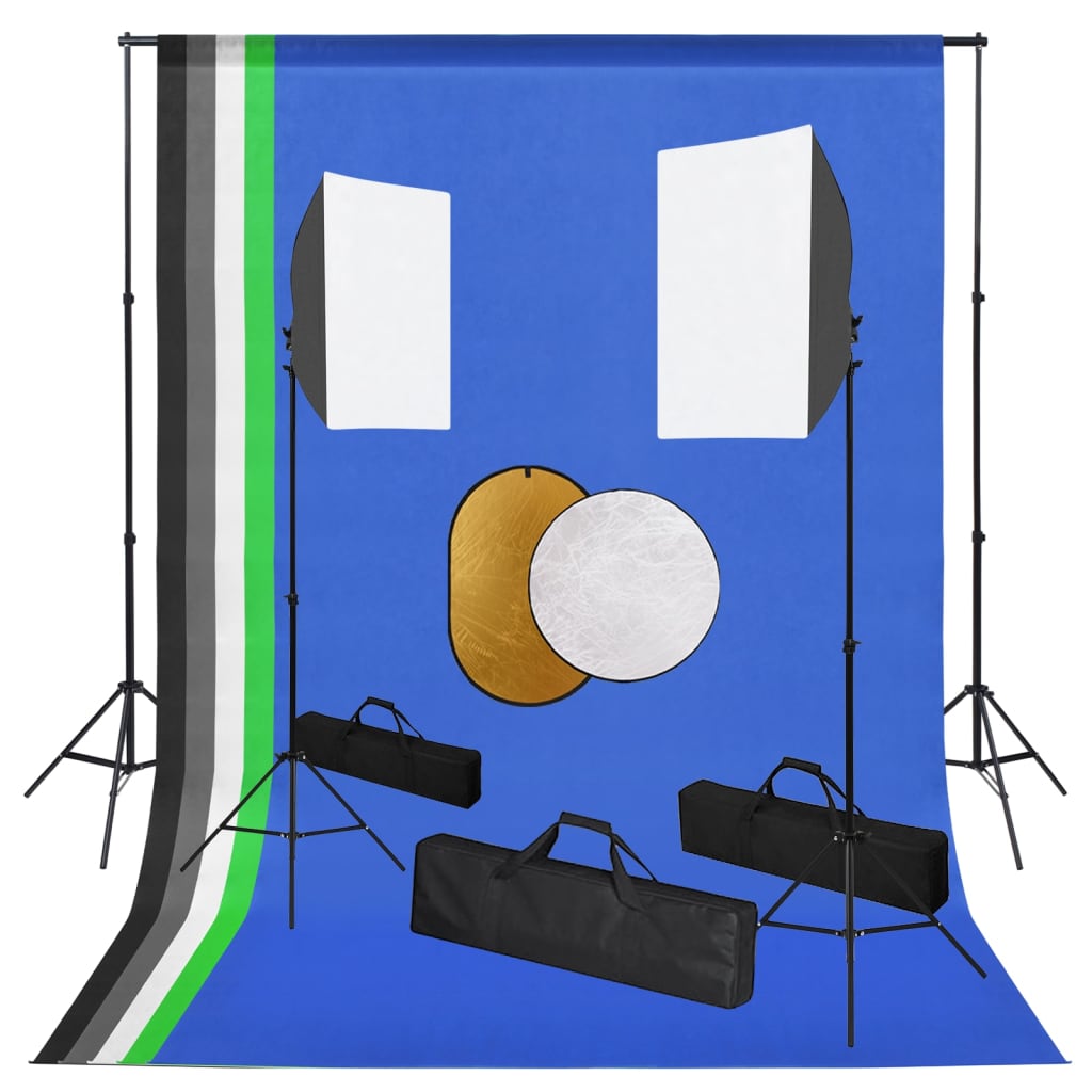 Fotostudio-Set mit Leuchten, Hintergrundsystem und Reflektor Fotostudio-Set mit Leuchten, Hintergrundsystem und Reflektor