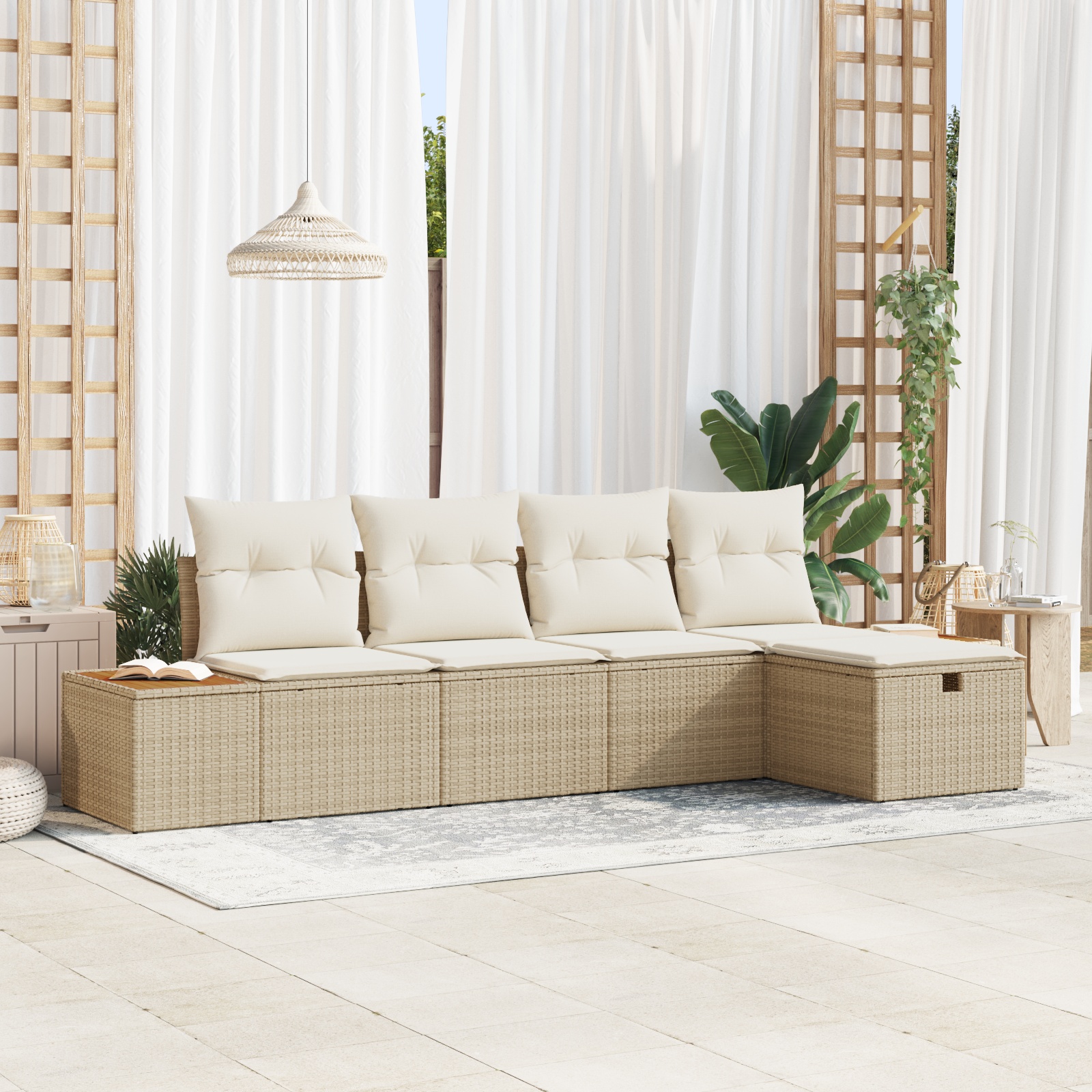 5-teiliges Garten-Sofa-Set mit Kissen Beige Poly Rattan 5-teiliges Garten-Sofa-Set mit Kissen Beige Poly Rattan
