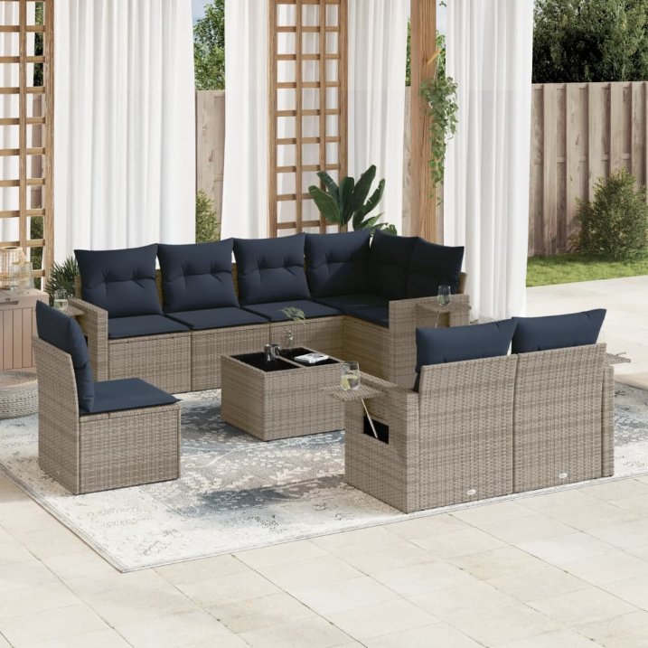 9-teiliges Gartensofa-Set mit Kissen, grau, Polyrattan 9-teiliges Gartensofa-Set mit Kissen, grau, Polyrattan