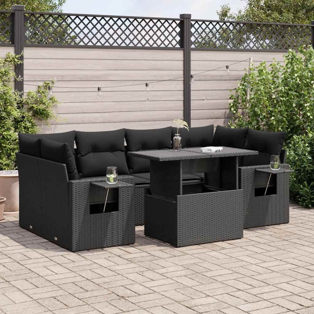 7-tlg. Garten-Sofagarnitur mit Kissen Schwarz Poly Rattan 7-tlg. Garten-Sofagarnitur mit Kissen Schwarz Poly Rattan