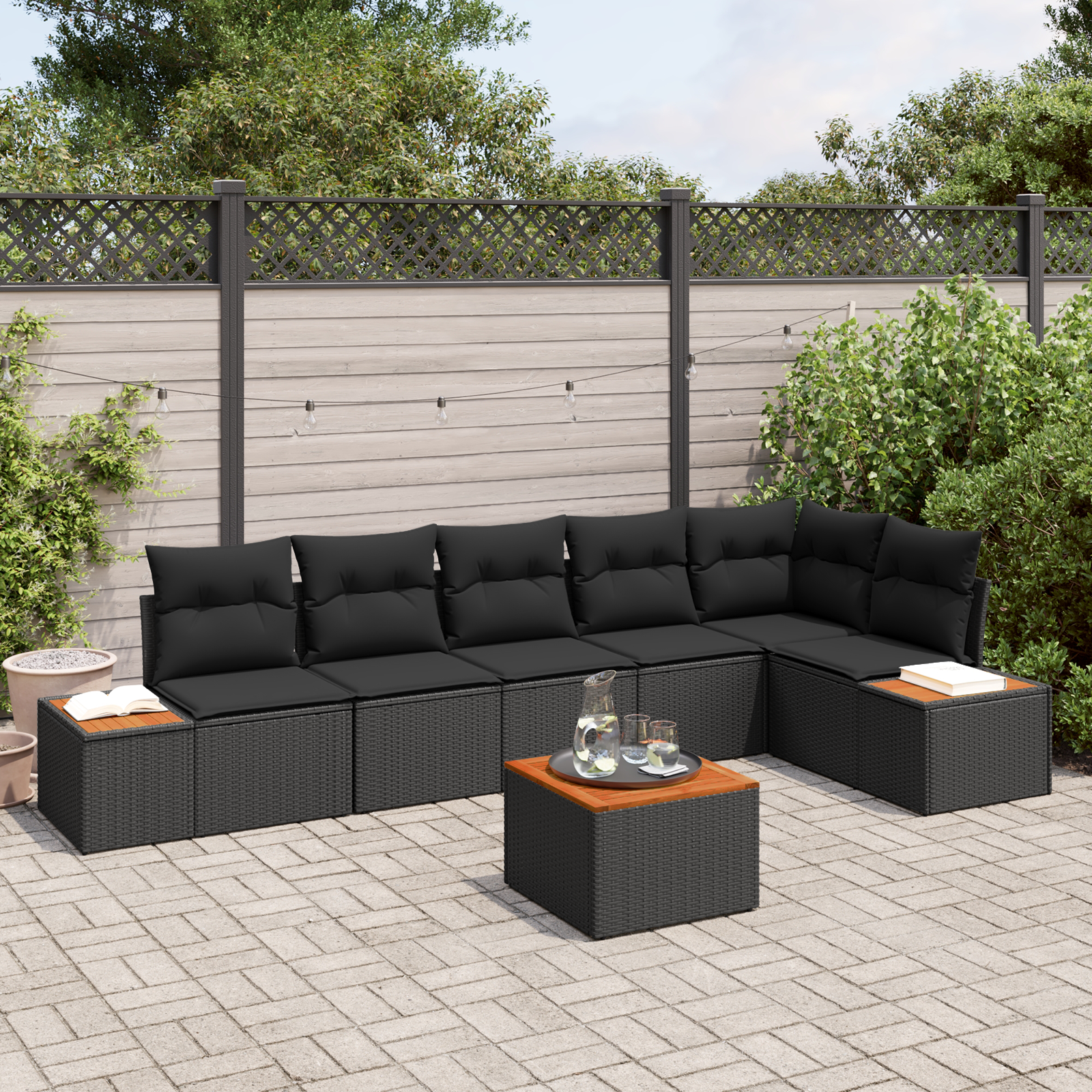 7-teiliges Garten-Sofa-Set mit Kissen Schwarz Poly-Rattan Akazie 7-teiliges Garten-Sofa-Set mit Kissen Schwarz Poly-Rattan Akazie