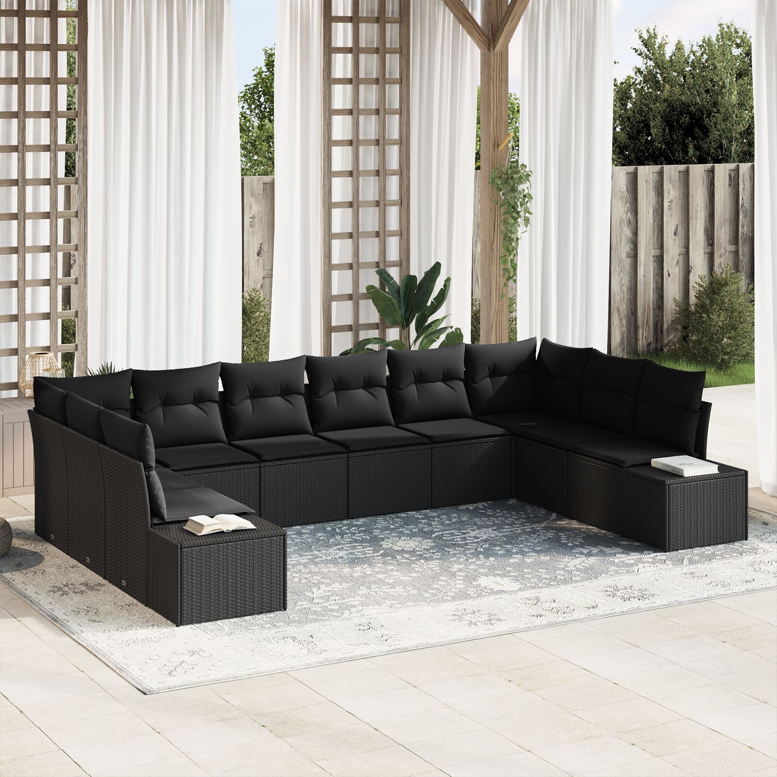10-teiliges Garten-Sofa-Set mit Kissen Schwarz Poly-Rattan