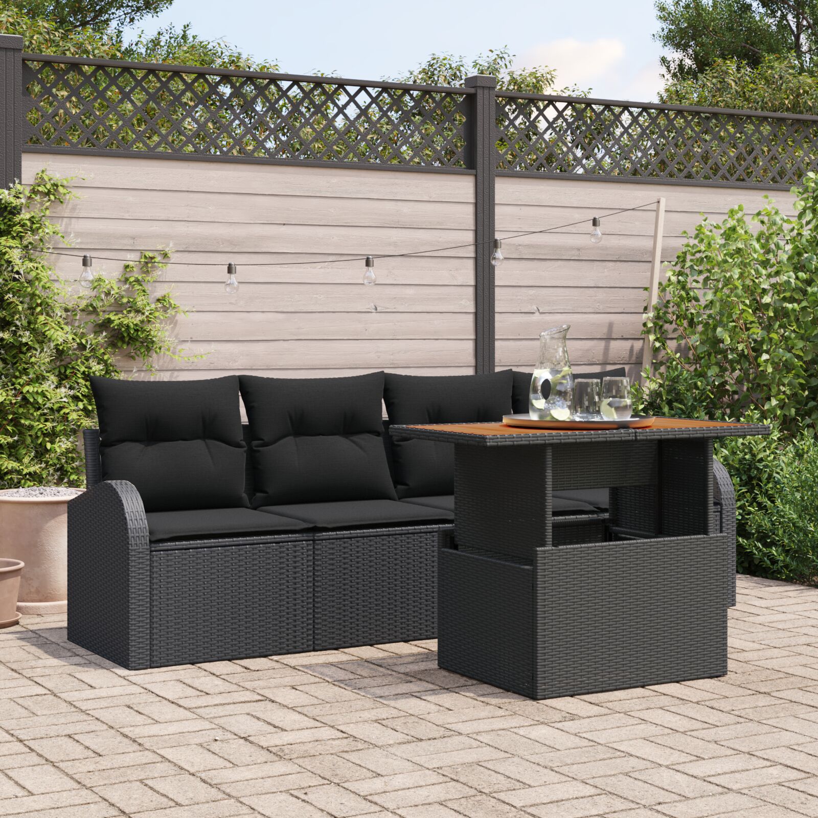 5-teiliges Garten-Ess-Set mit Kissen Schwarz Poly-Rattan Akazie 5-teiliges Garten-Ess-Set mit Kissen Schwarz Poly-Rattan Akazie