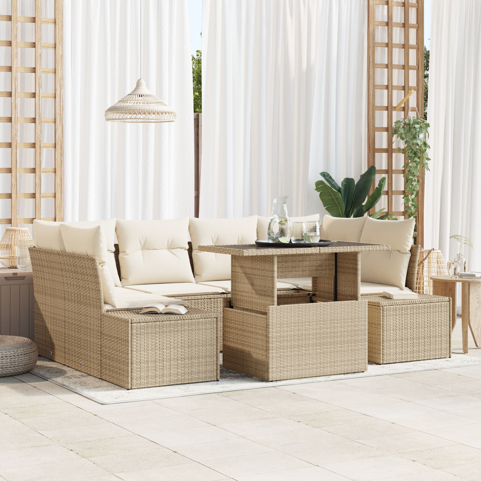 7-teiliges Garten Sofa Set mit Kissen Beige Poly Rattan