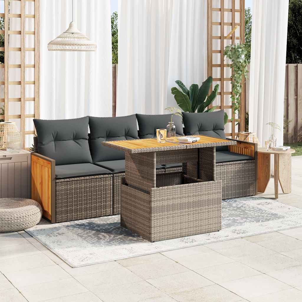 5-tlg. Garten-Sofagarnitur mit Kissen Grau Poly Rattan Akazie 5-tlg. Garten-Sofagarnitur mit Kissen Grau Poly Rattan Akazie