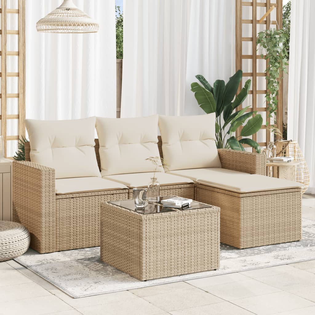 5-tlg. Garten-Sofagarnitur mit Kissen Beige Poly Rattan 5-tlg. Garten-Sofagarnitur mit Kissen Beige Poly Rattan