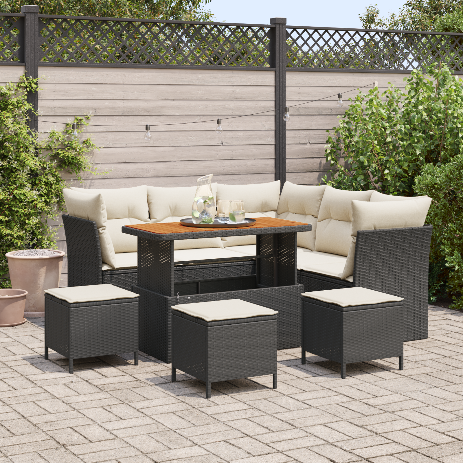 9-teiliges Garten Sofa Set mit Kissen Schwarz Poly Rattan Akazie