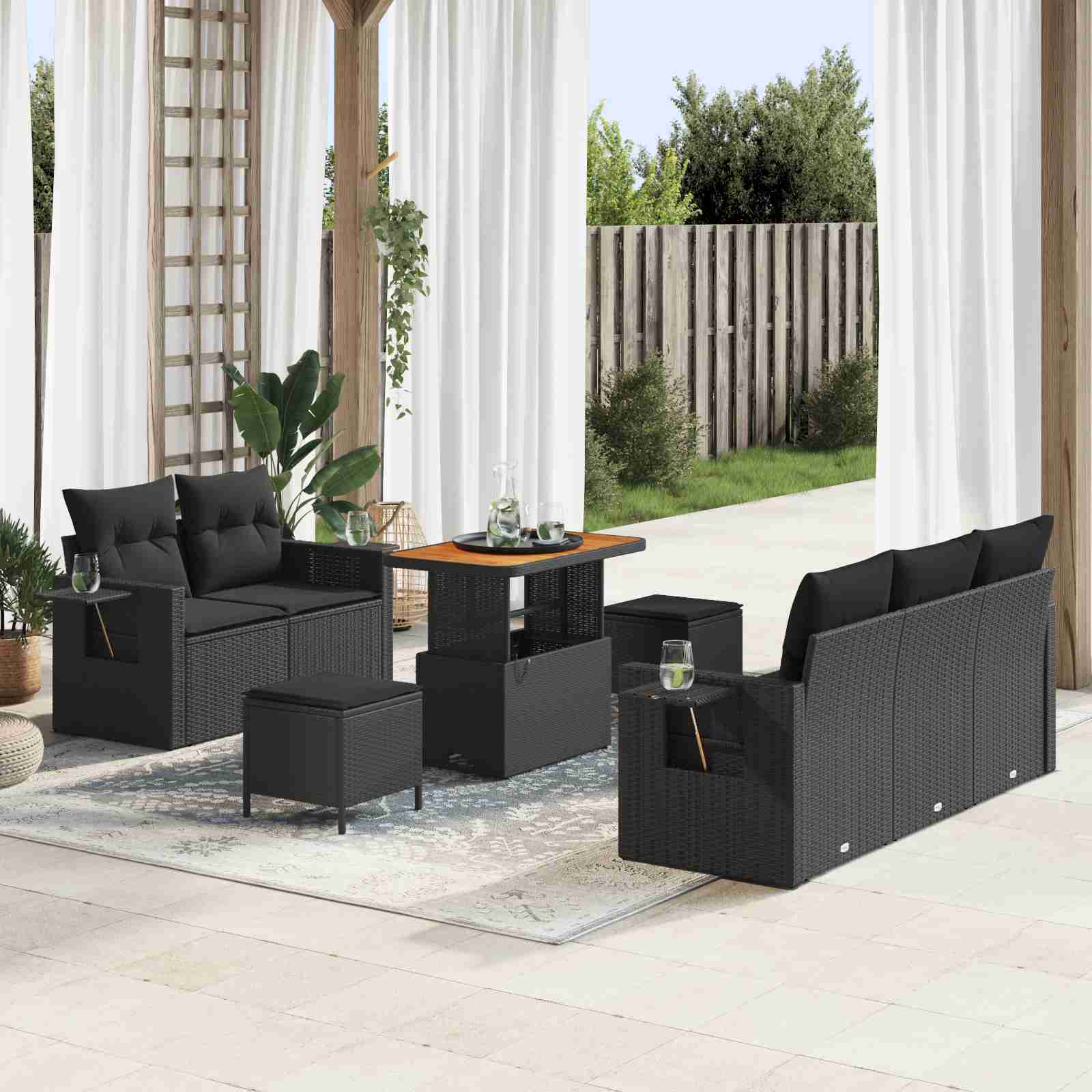 8-teiliges Garten Sofaset mit Kissen – Schwarzes Poly Rattan, Akazie