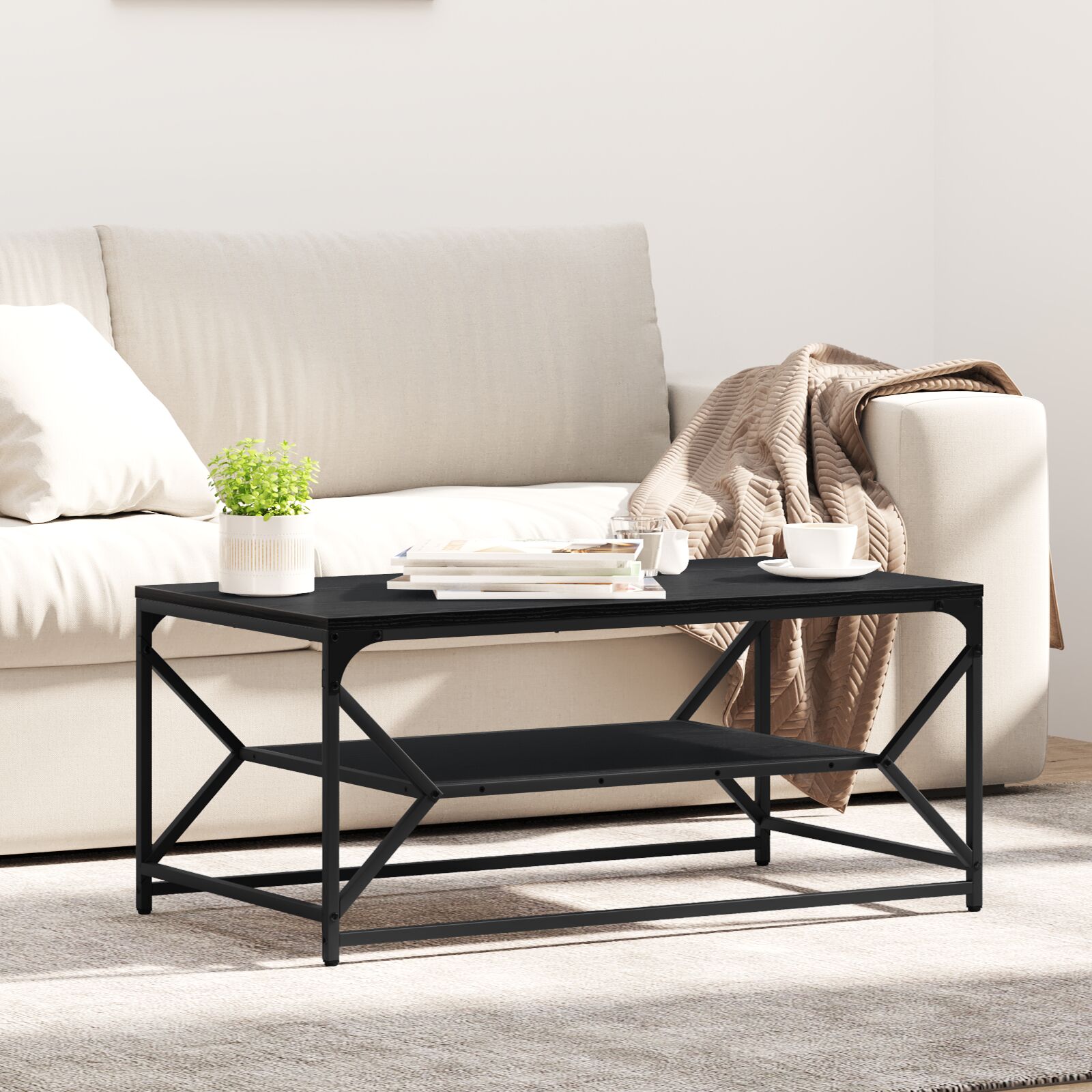 Couchtisch mit Regal schwarze Eiche 90x50x40 cm technisch bearbeitetes Holz