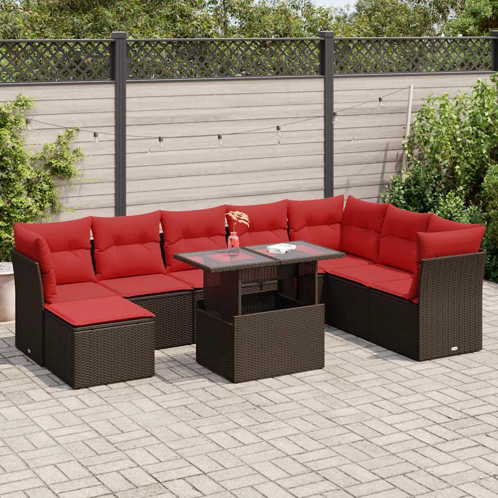 9-tlg. Garten-Sofagarnitur mit Kissen Braun Poly Rattan Akazie 9-tlg. Garten-Sofagarnitur mit Kissen Braun Poly Rattan Akazie