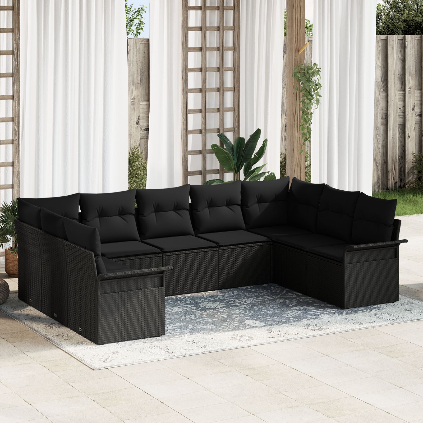 9-teiliges Garten Sofa Set mit Kissen Schwarz Poly Rattan 9-teiliges Garten Sofa Set mit Kissen Schwarz Poly Rattan