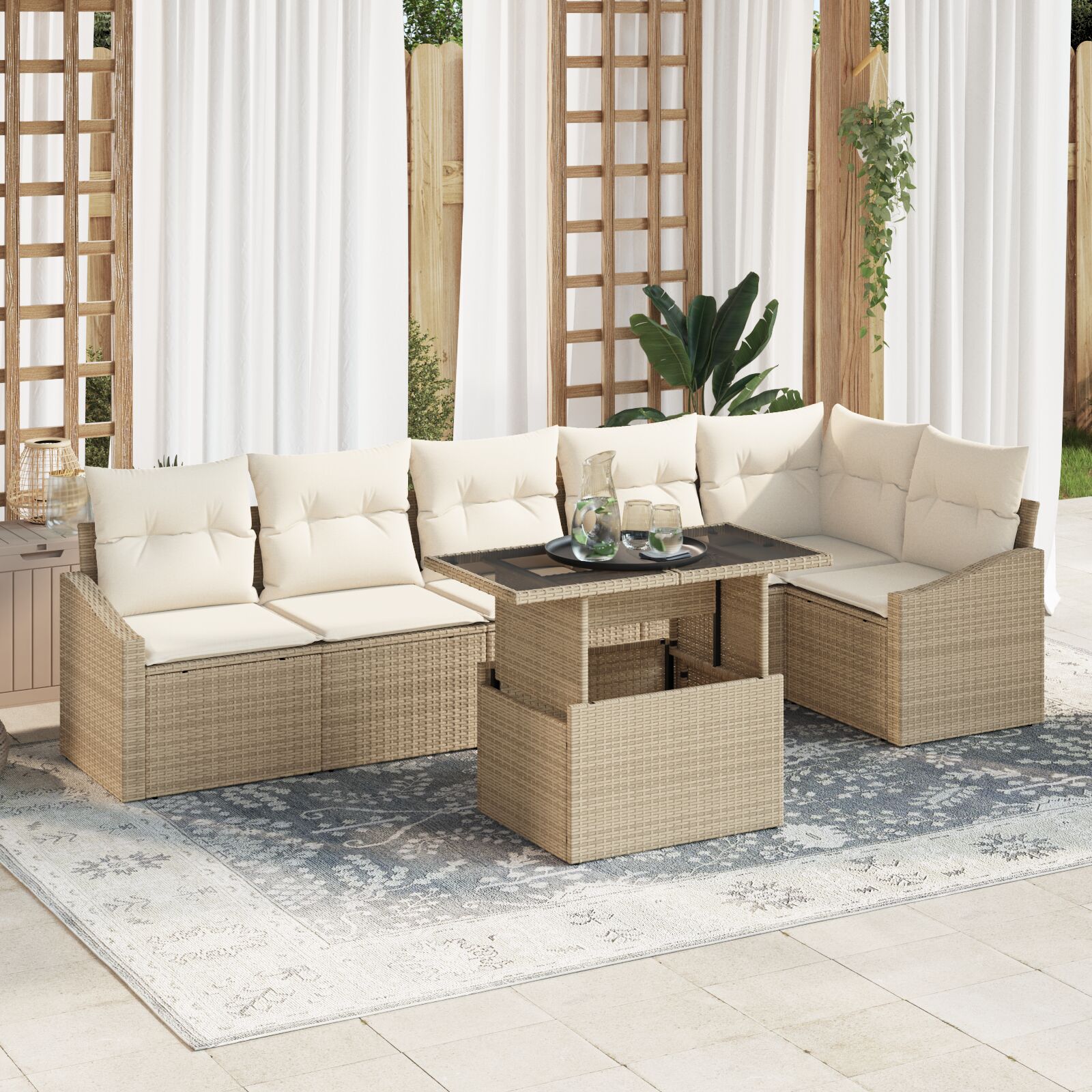 7-teilige Garten Sofa Set mit Kissen Beige Poly Rattan