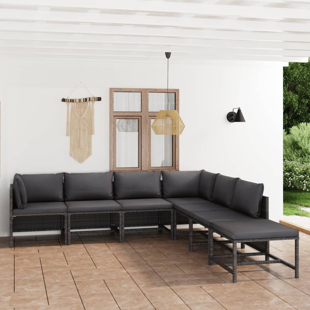 7-tlg. Garten-Lounge-Set mit Kissen Poly Rattan Grau 7-tlg. Garten-Lounge-Set mit Kissen Poly Rattan Grau