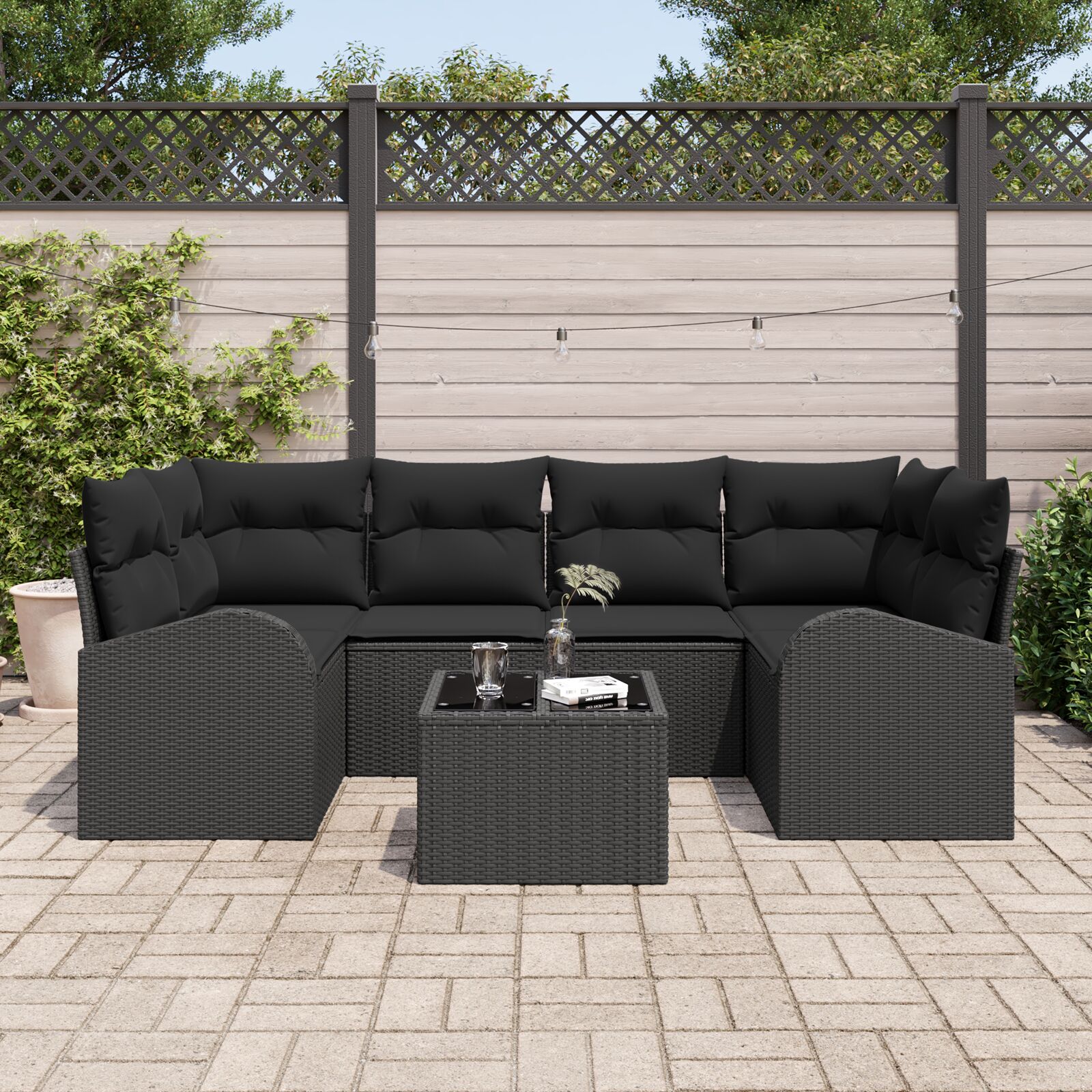 7-teiliges Garten Sofa Set mit Kissen Schwarz Poly Rattan 7-teiliges Garten Sofa Set mit Kissen Schwarz Poly Rattan
