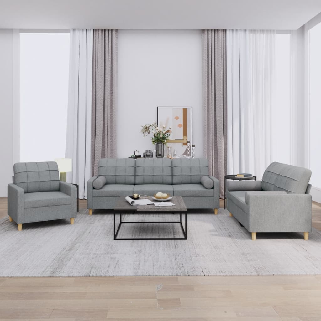 3-tlg. Sofagarnitur mit Kissen Hellgrau Stoff 3-tlg. Sofagarnitur mit Kissen Hellgrau Stoff