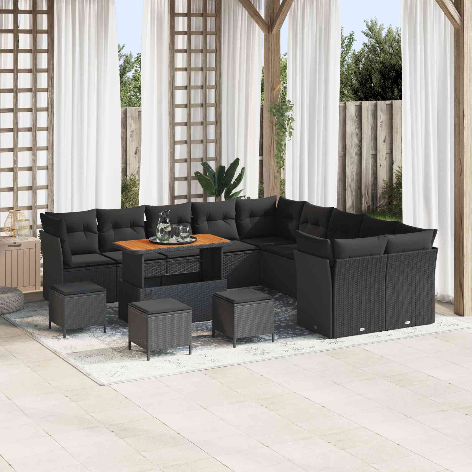 14-teiliges Garten Sofa Set mit Kissen Schwarz Poly Rattan Akazie 14-teiliges Garten Sofa Set mit Kissen Schwarz Poly Rattan Akazie