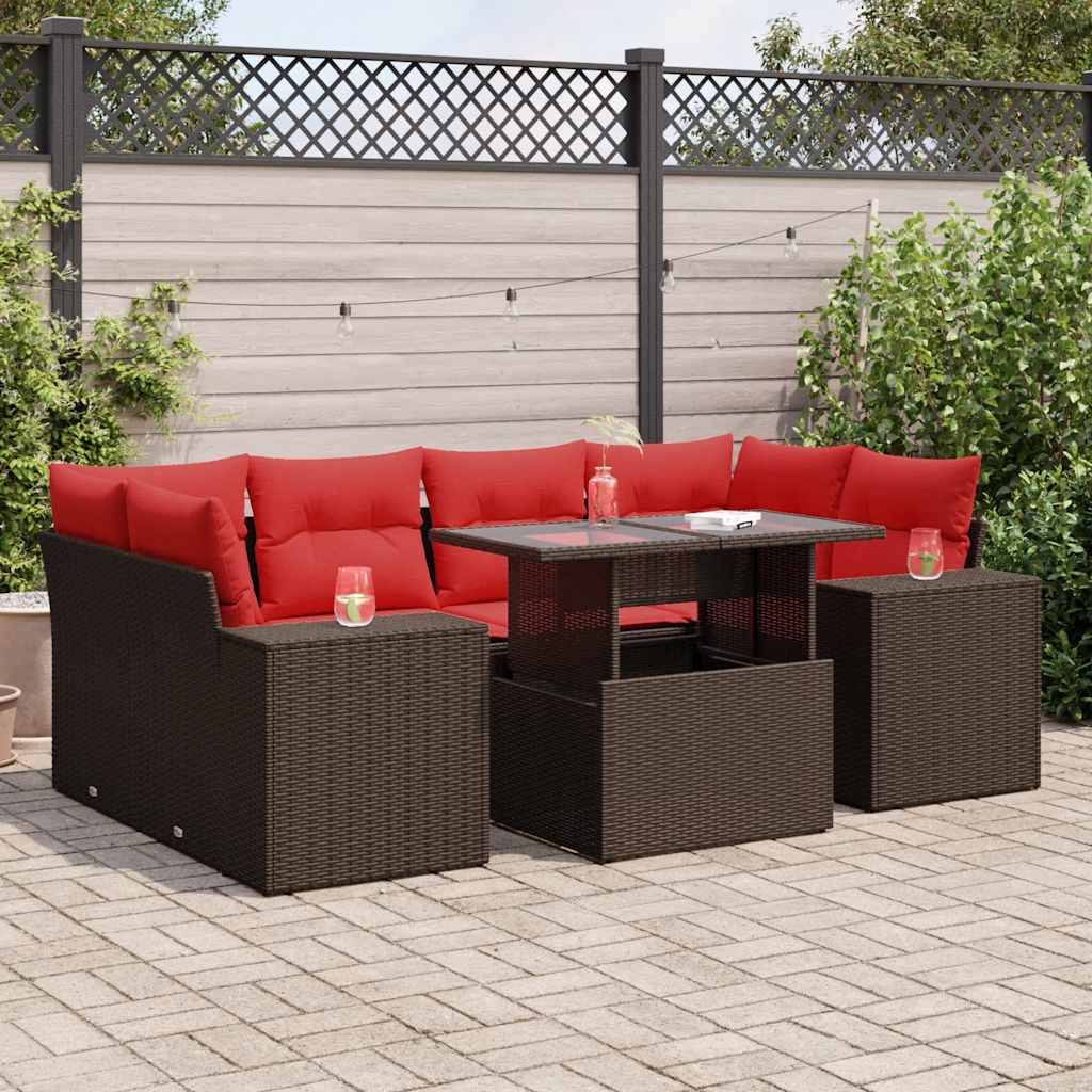 7-tlg. Garten-Sofagarnitur mit Kissen Braun Poly Rattan Akazie 7-tlg. Garten-Sofagarnitur mit Kissen Braun Poly Rattan Akazie