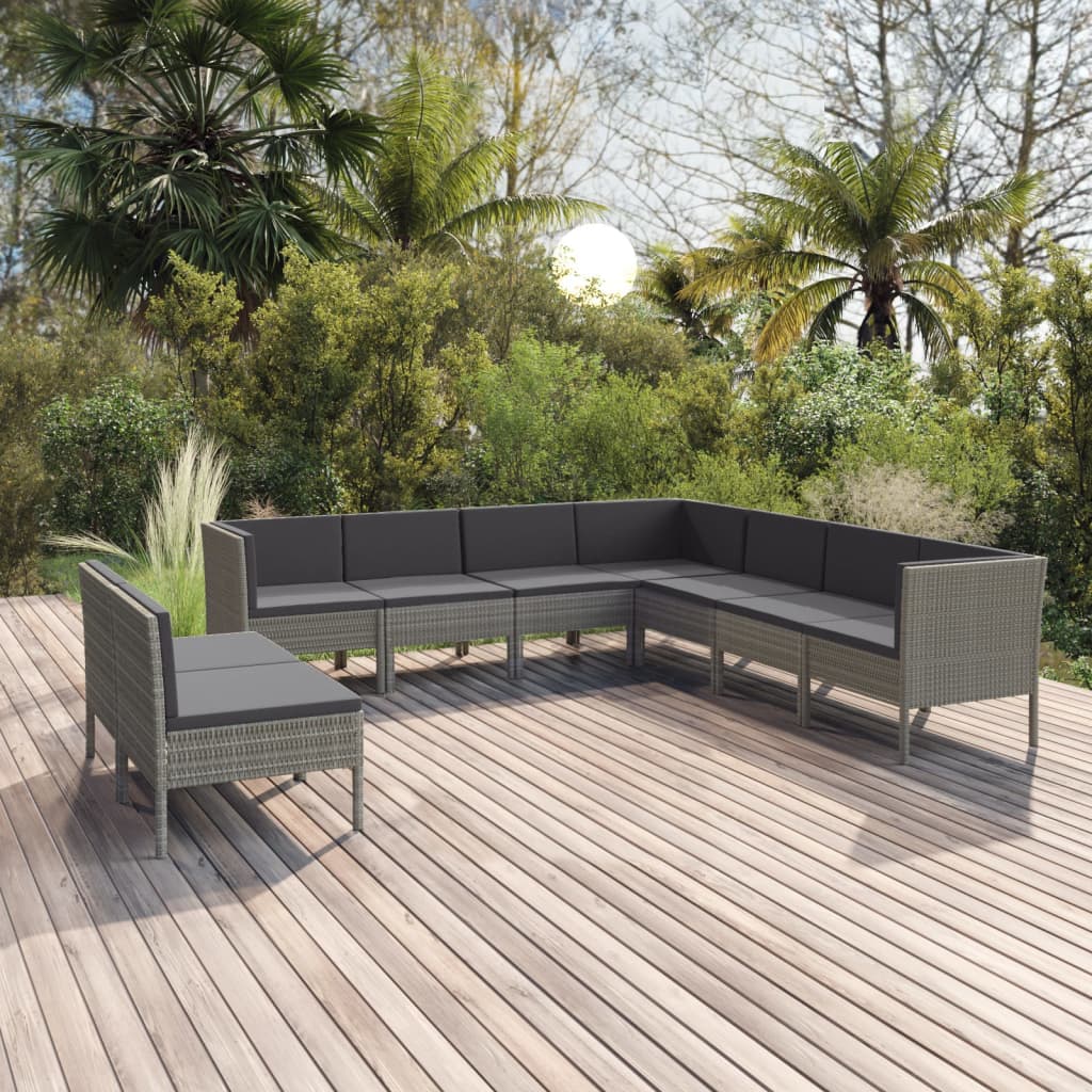 9-tlg. Garten-Lounge-Set mit Auflagen Poly Rattan Grau 9-tlg. Garten-Lounge-Set mit Auflagen Poly Rattan Grau