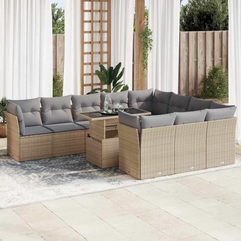 11-tlg. Garten-Sofagarnitur mit Kissen Beige Poly Rattan 11-tlg. Garten-Sofagarnitur mit Kissen Beige Poly Rattan