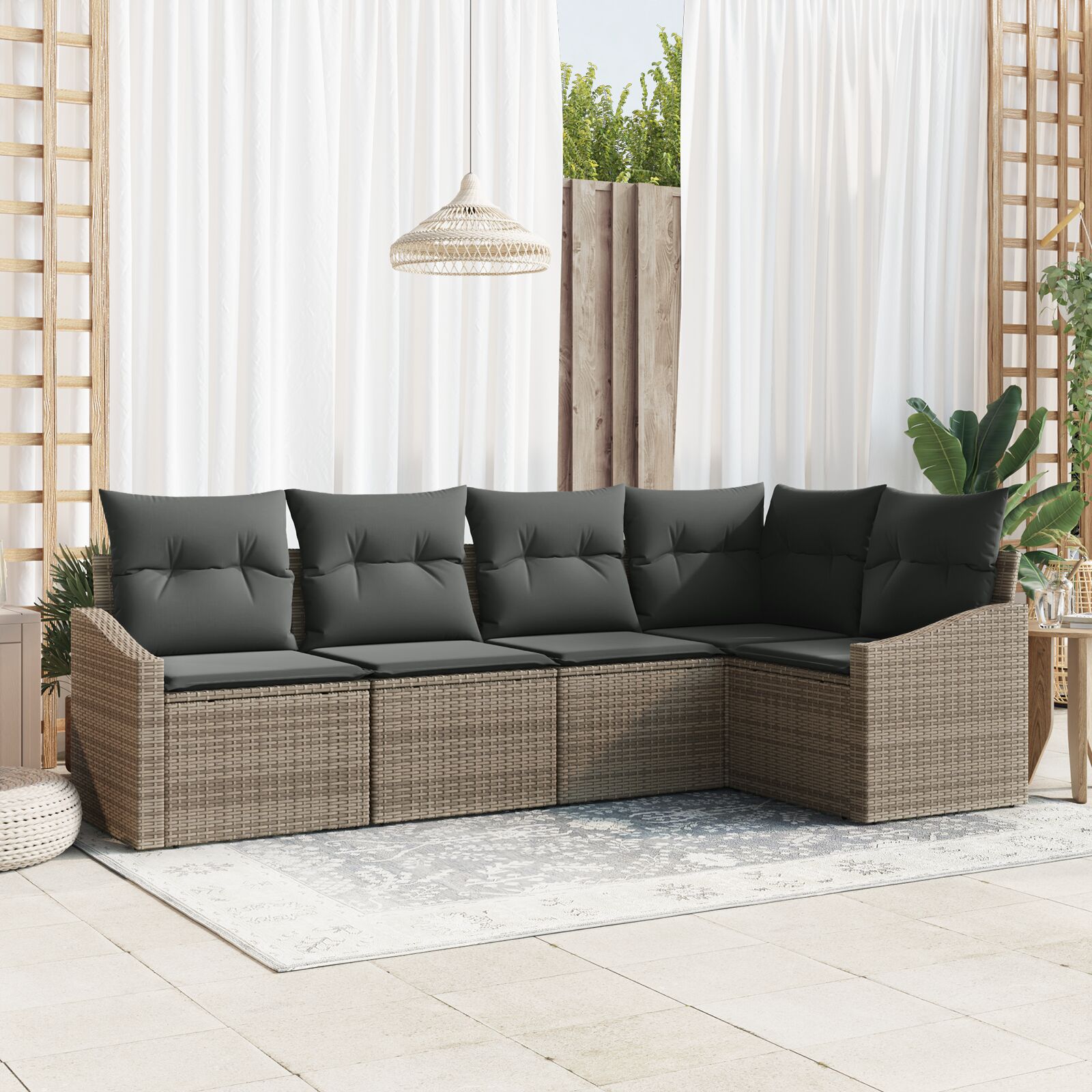 5-teiliges Garten Sofa Set mit Kissen Grau Poly Rattan 5-teiliges Garten Sofa Set mit Kissen Grau Poly Rattan