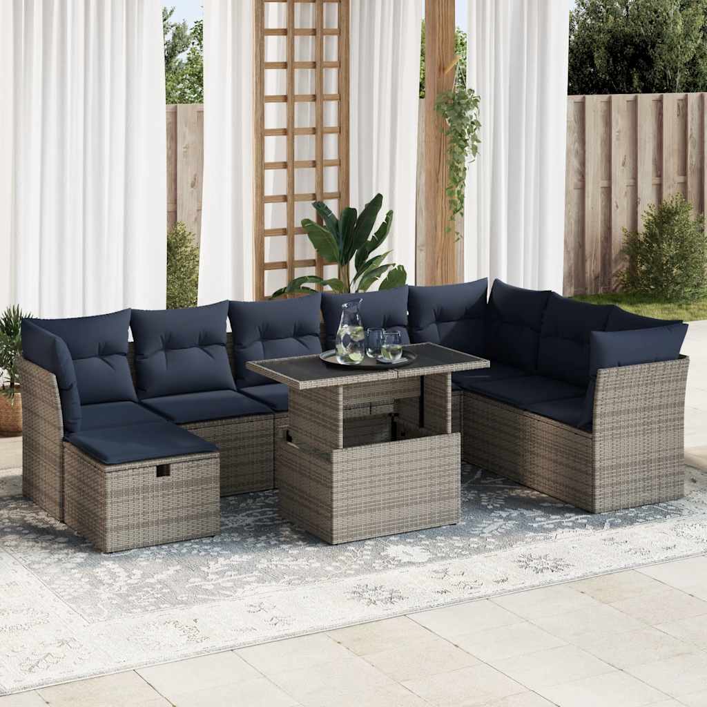 9-tlg. Garten-Sofagarnitur mit Kissen Grau Poly Rattan Akazie 9-tlg. Garten-Sofagarnitur mit Kissen Grau Poly Rattan Akazie