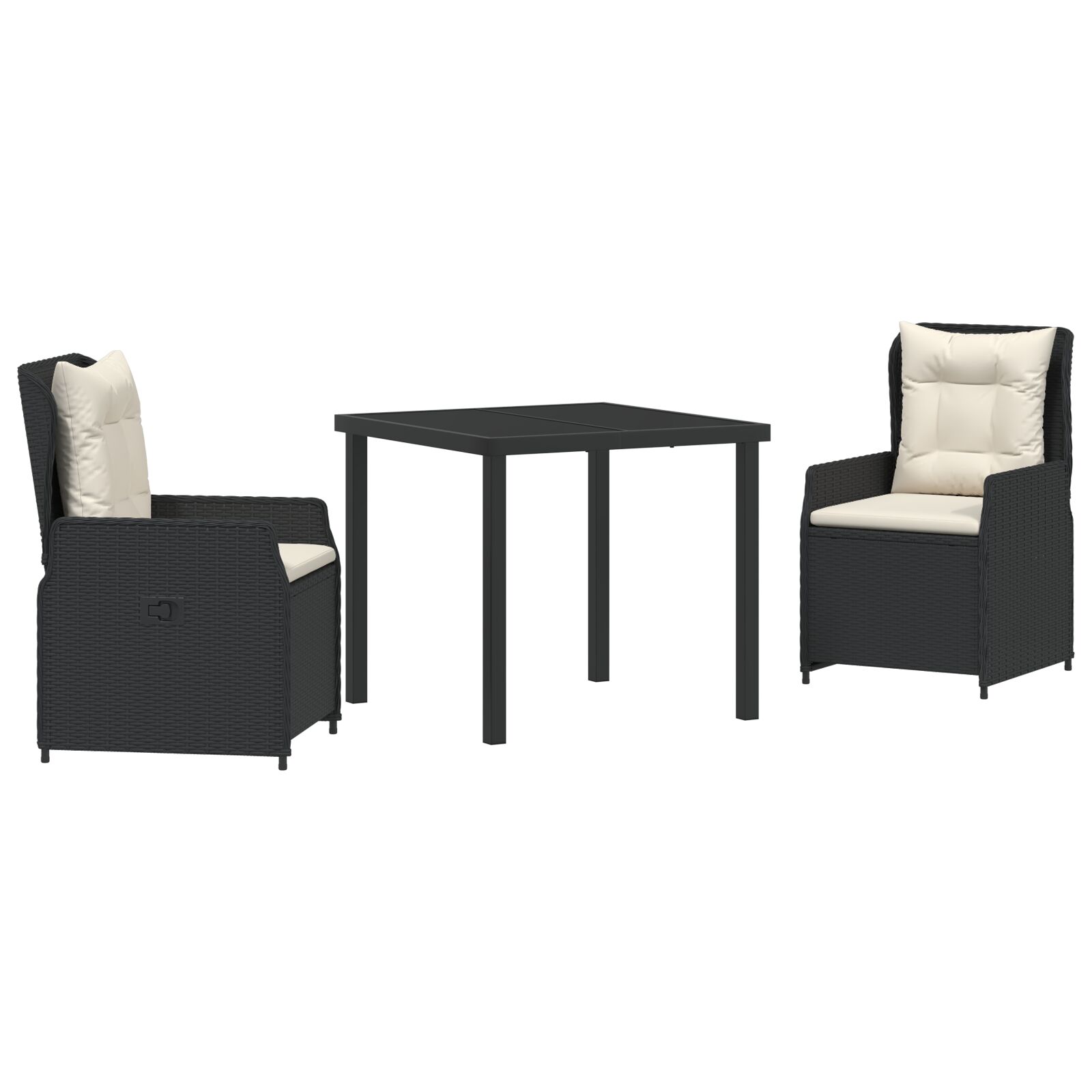 3-teiliges Garten-Essset Schwarz Poly-Rattan, Gartentisch Schwarz 80x80x73 cm Sicherheitsglas