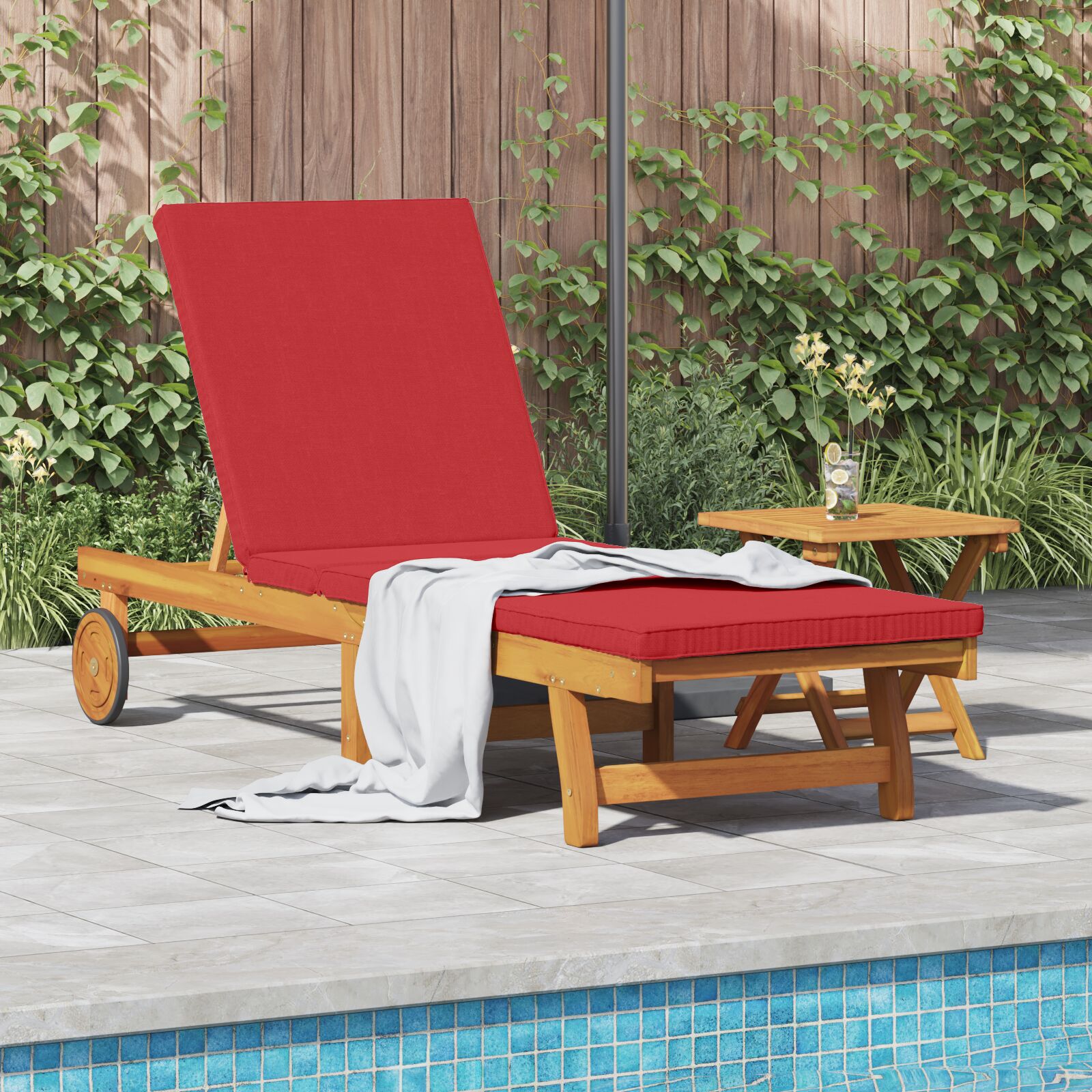 vidaXL Sonnenliege mit Rädern und Kissen in Rot aus Massivholz vidaXL Sonnenliege mit Rädern und Kissen in Rot aus Massivholz