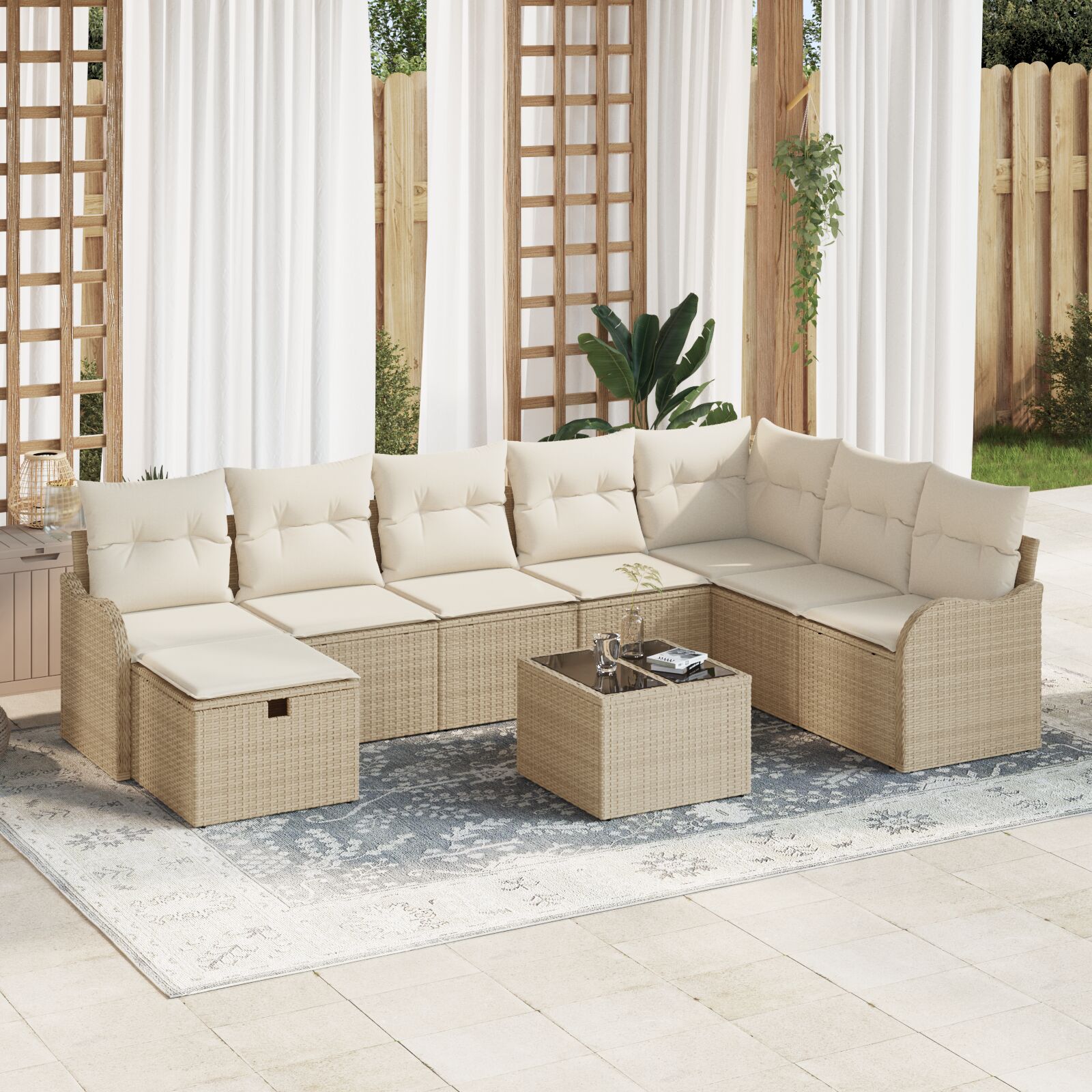 9-teiliges Garten-Sofa-Set mit Kissen Beige Poly Rattan
