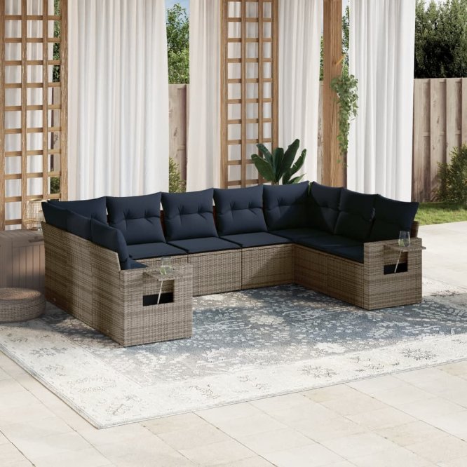 9-teiliges Gartensofa-Set mit Kissen, grau, Polyrattan 9-teiliges Gartensofa-Set mit Kissen, grau, Polyrattan