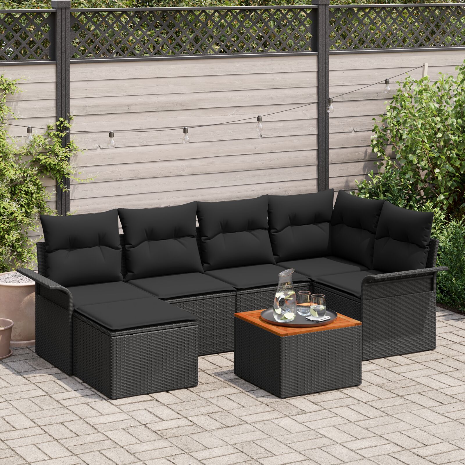 7-teiliges Garten Sofa Set mit Kissen Schwarz Poly Rattan Akazie