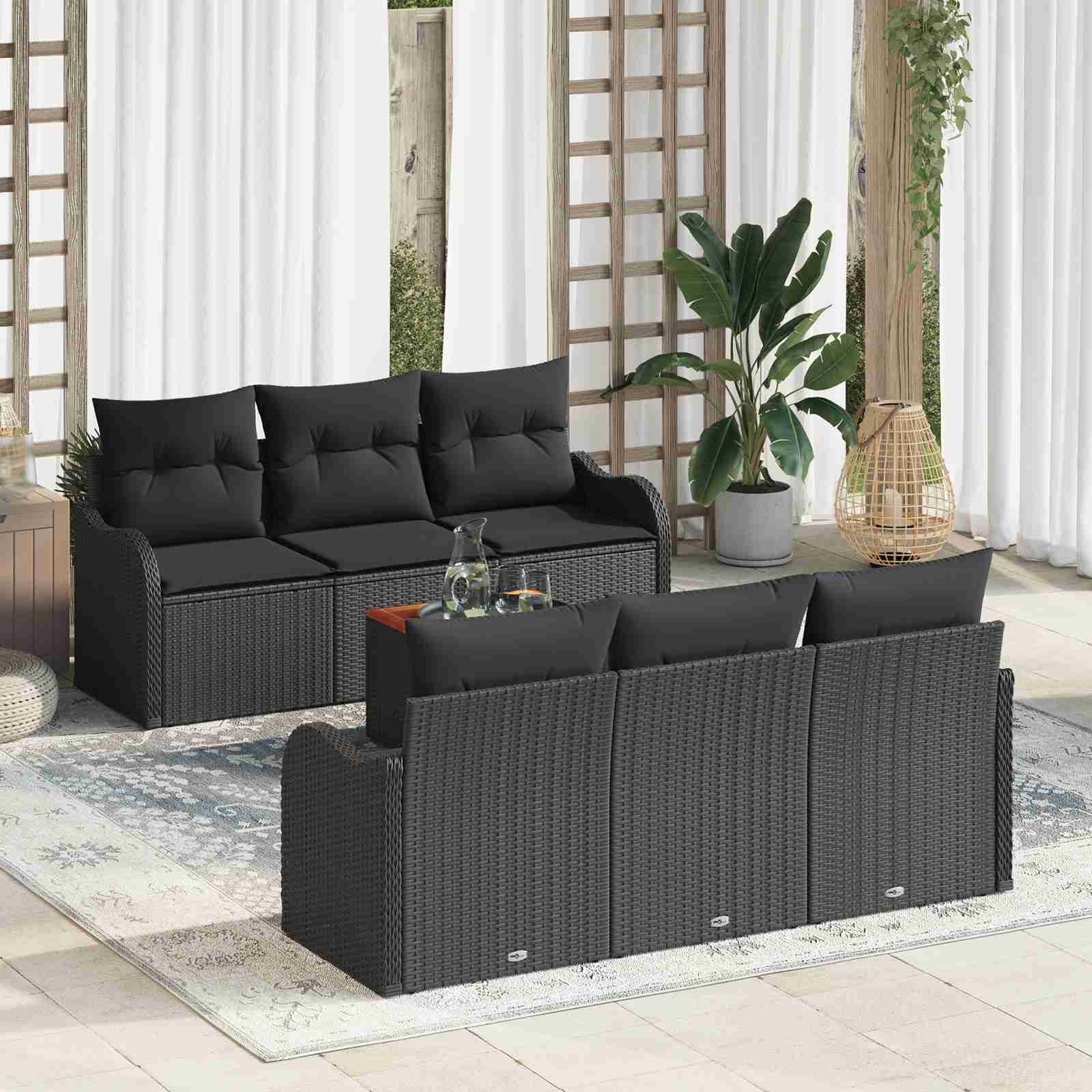 7-teiliges Garten-Sofaset mit Kissen Schwarz Poly Rattan Akazie 7-teiliges Garten-Sofaset mit Kissen Schwarz Poly Rattan Akazie