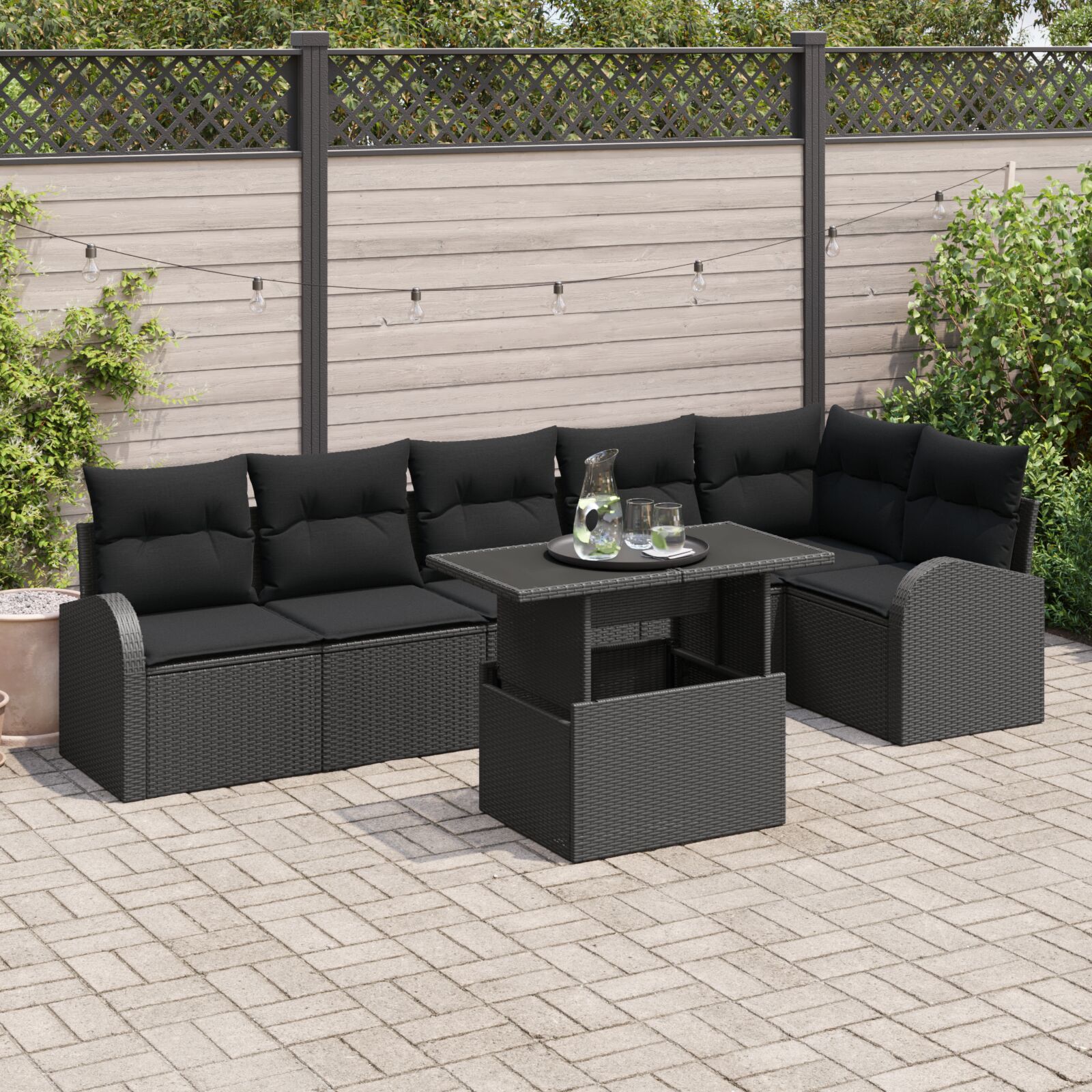 7-teiliges Garten Sofa Set mit Kissen Schwarz Poly Rattan