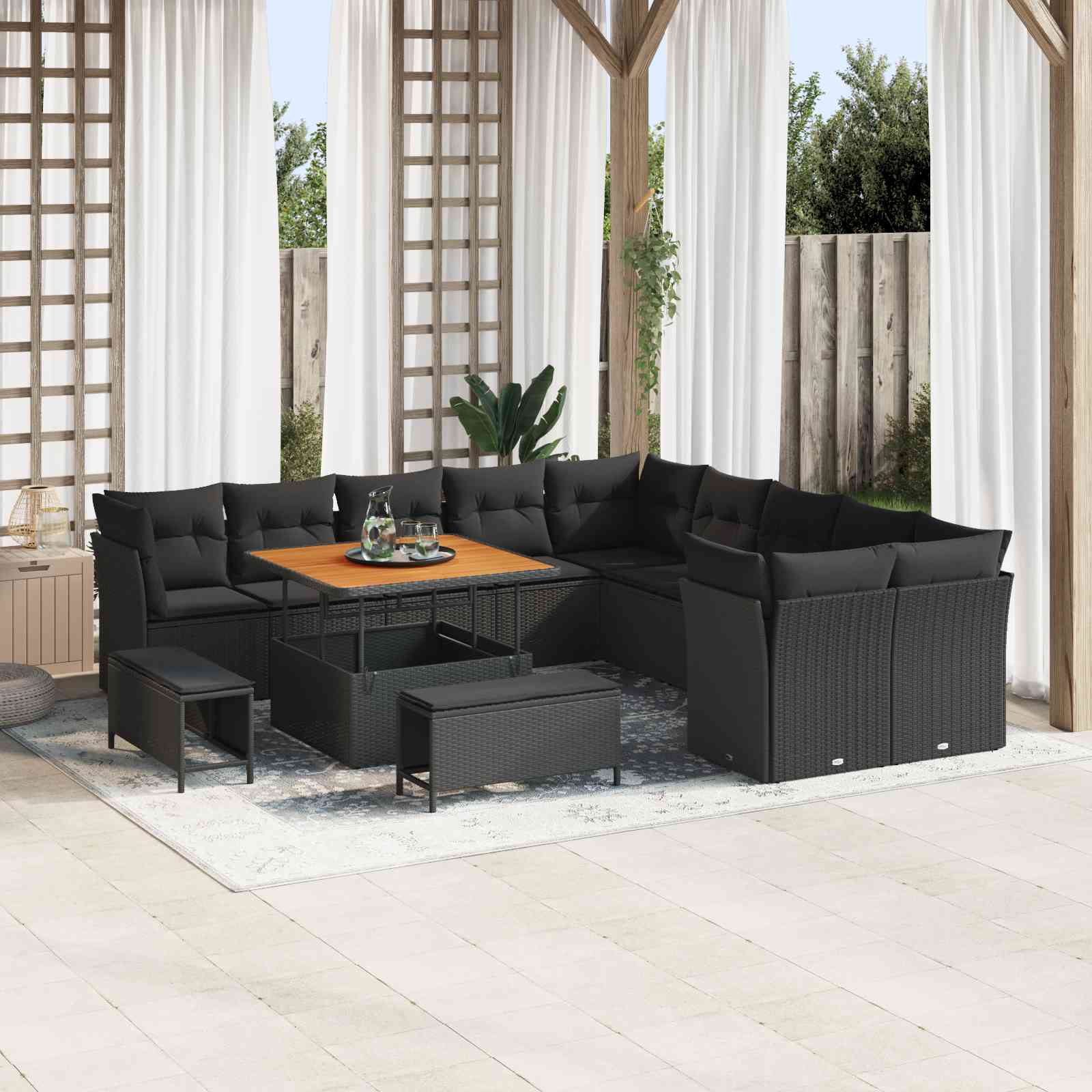 13-teiliges Garten-Sofa-Set mit Kissen Schwarz Poly Rattan Akazie 13-teiliges Garten-Sofa-Set mit Kissen Schwarz Poly Rattan Akazie