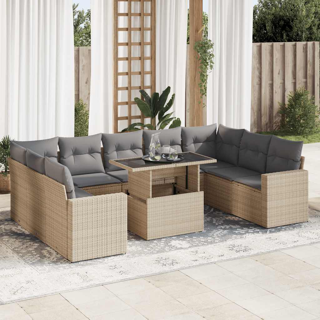 10-tlg. Garten-Sofagarnitur mit Kissen Beige Poly Rattan 10-tlg. Garten-Sofagarnitur mit Kissen Beige Poly Rattan
